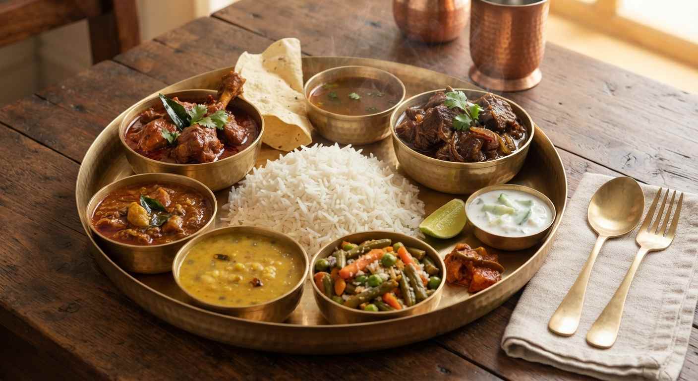 Traditional Nepali Kansko Thali Dal Bhat Mutton Curry spread on brass plate